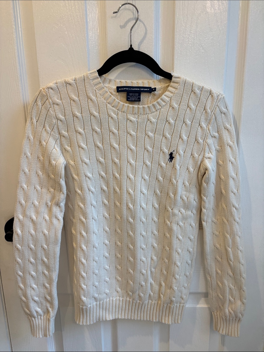 Ralph Lauren Cream Cable-Knit Crewneck Sweater with Navy Pony M